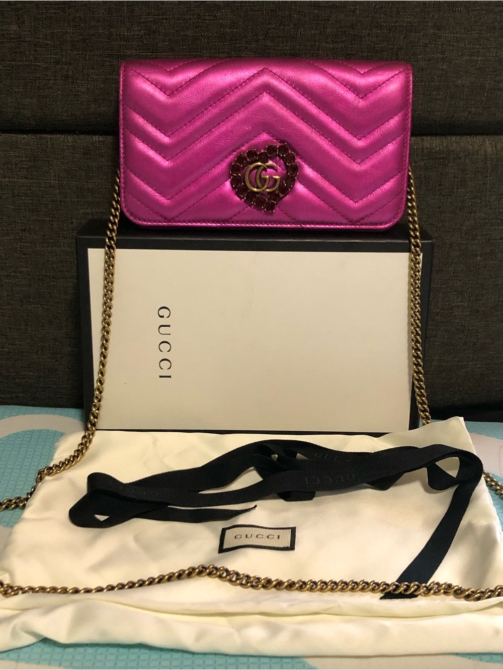 Gucci Metallic Hot Pink Chevron Chain Shoulder Bag